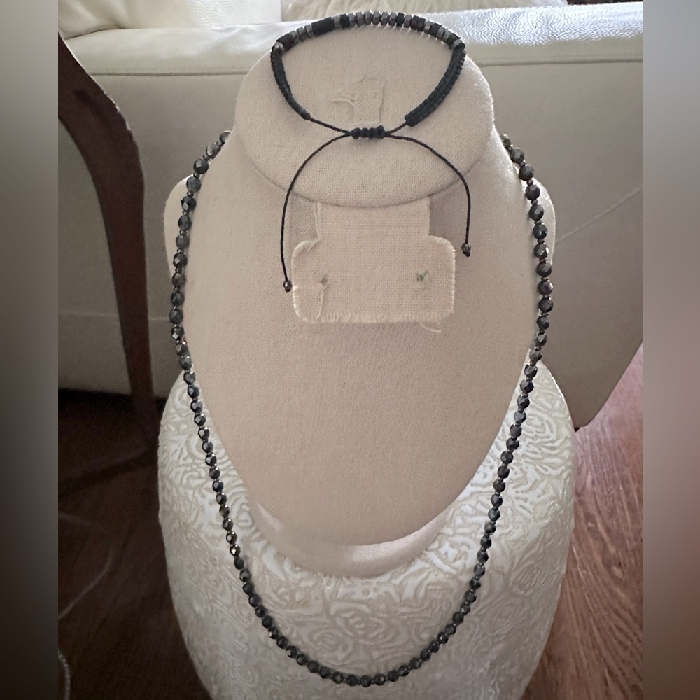 Faceted Black Glass Beaded Necklace and coordinating seed bead Bracelet Set